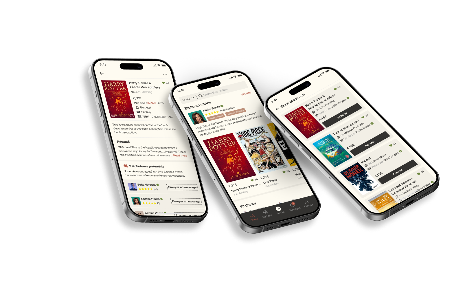 Trois écrans de l’application Book Village en ligne