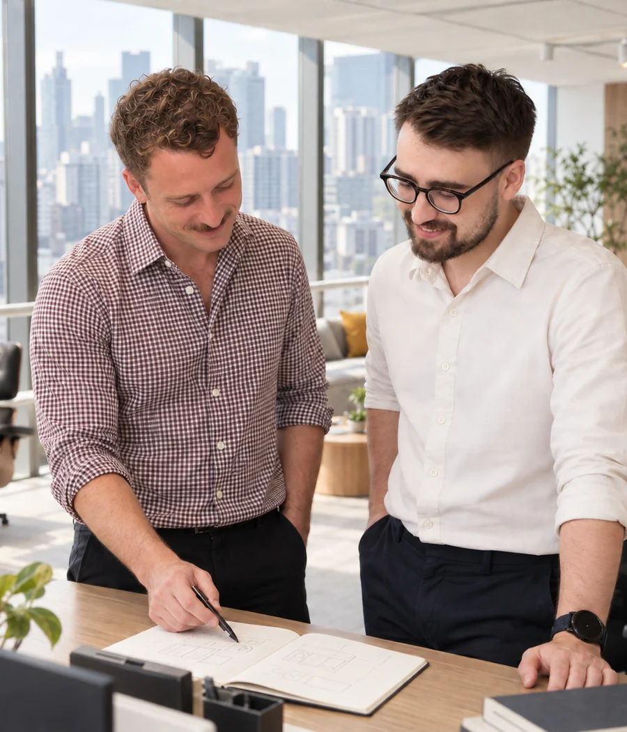 Deux membres de l’équipe Digital Unicorn passent en revue un planning au bureau