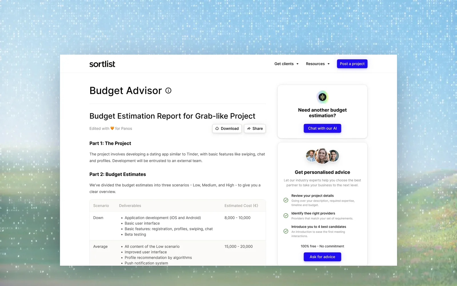 L’assistant budget de Sortlist, un produit conçu par Digital Unicorn