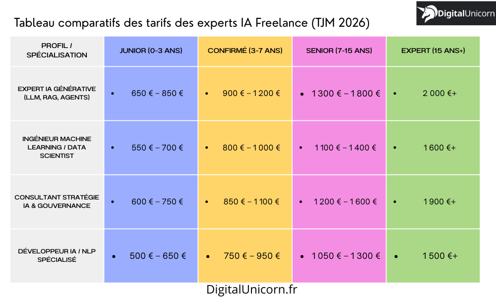 Tableau comparatifs des tarifs des experts IA Freelance (TJM 2026)