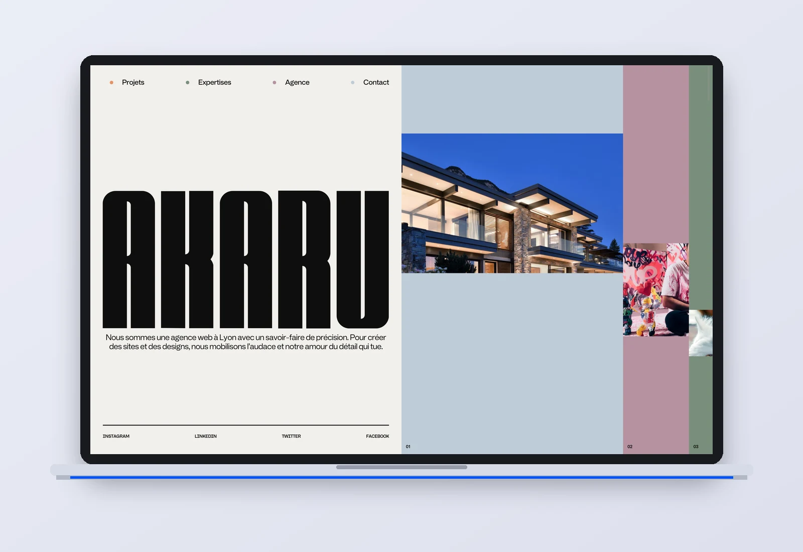 Site de l'agence Akaru, création de sites à Lyon, affiché sur un MacBook