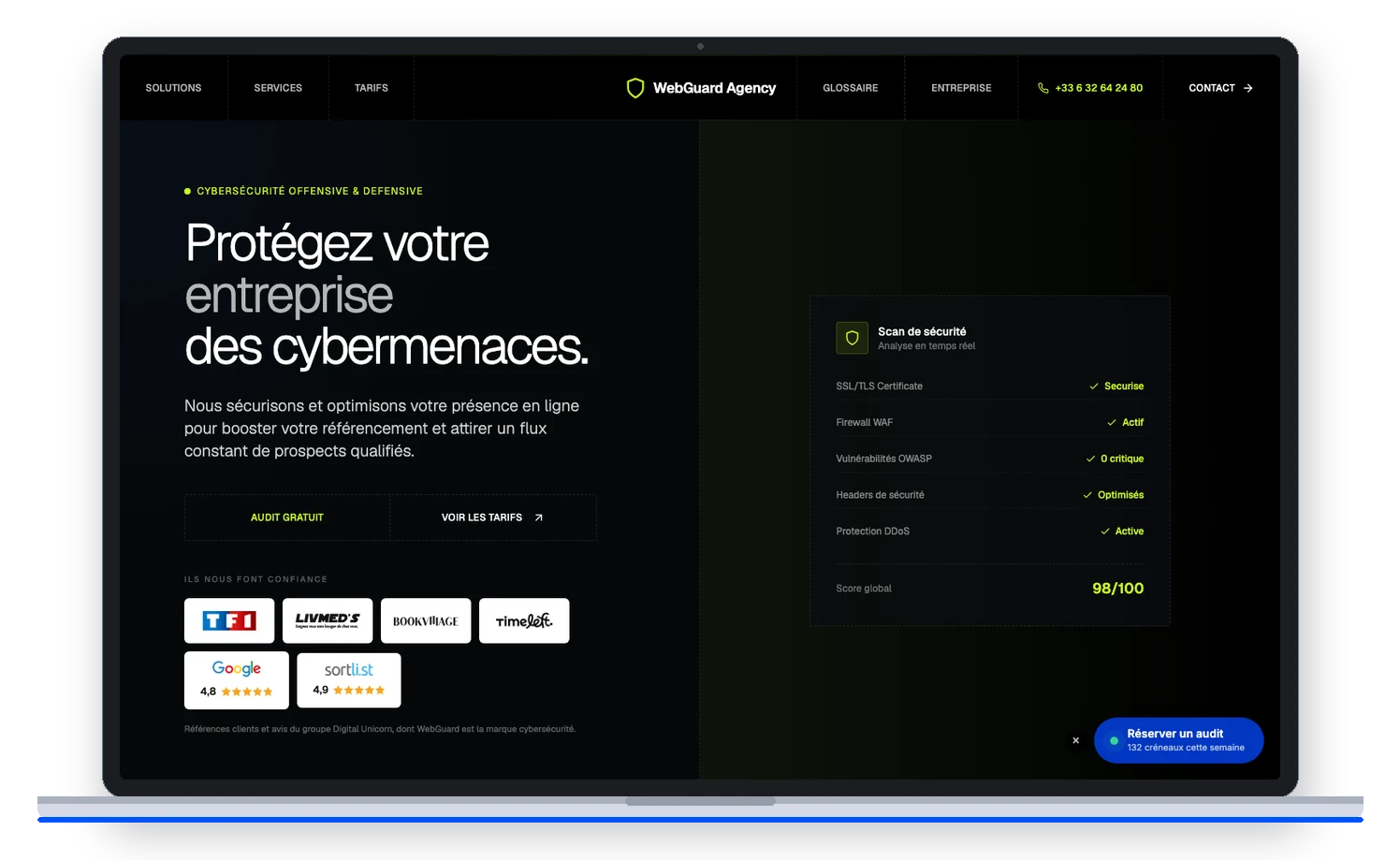 Site de WebGuard Agency, cybersécurité, affiché sur un MacBook