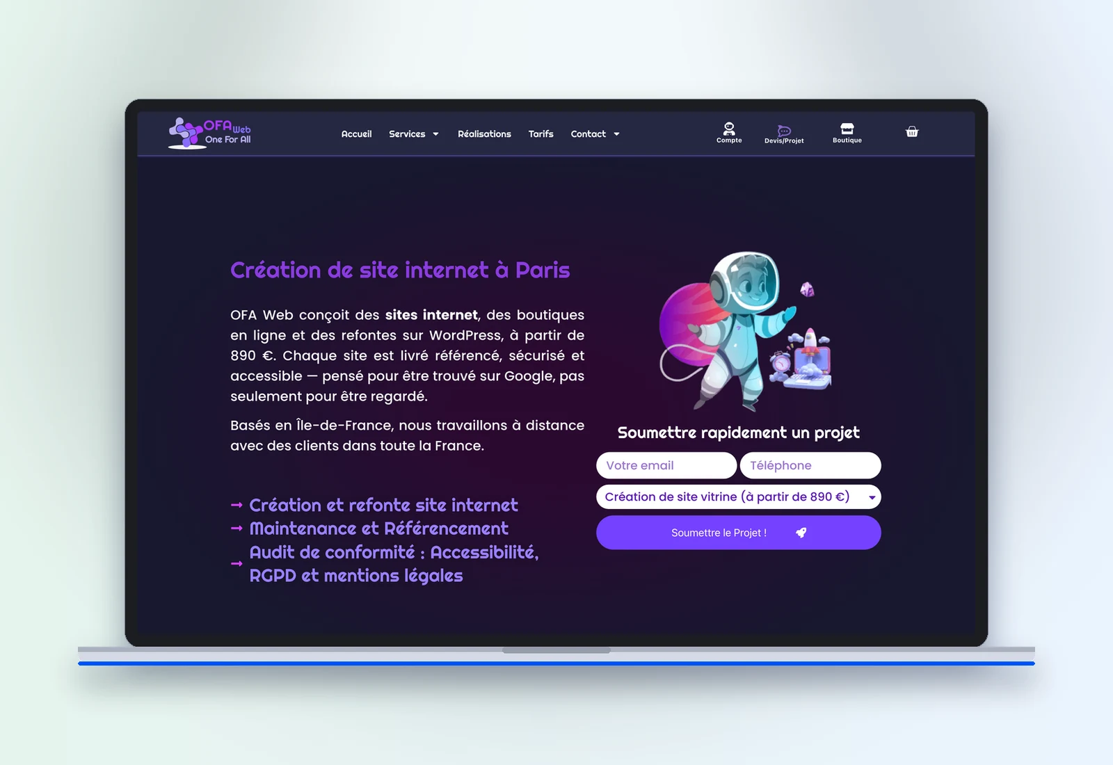 Site de l'agence OFA Web affiché sur un MacBook